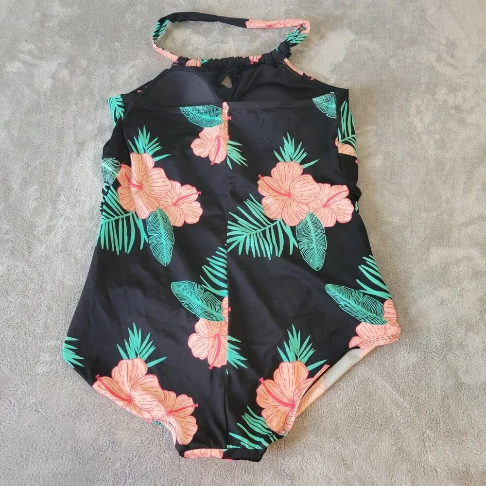 Crane Womens Swimsuit XXL Plus One Piece Halter Keyhole Pink Black FLO97E